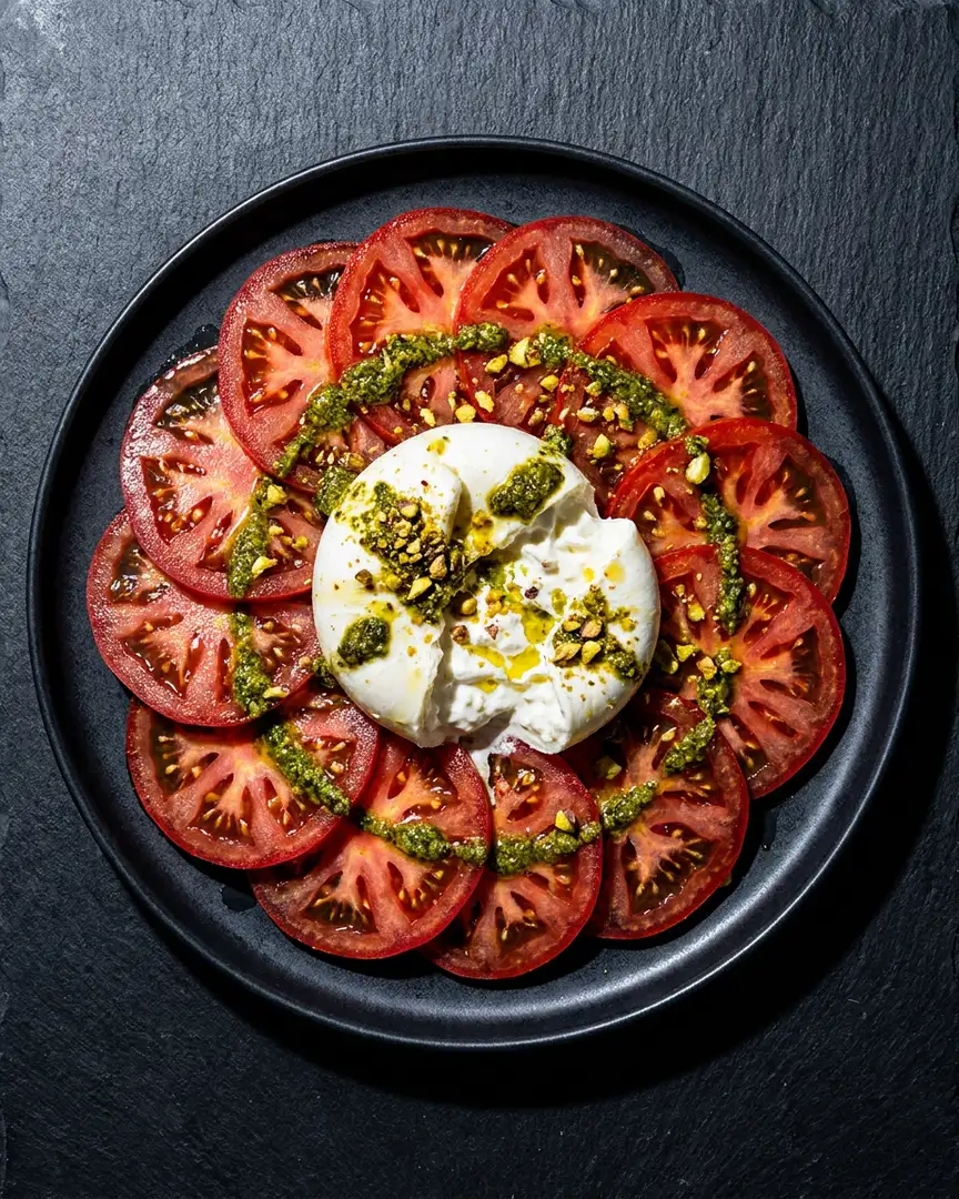 Carpaccio de tomate con burrata