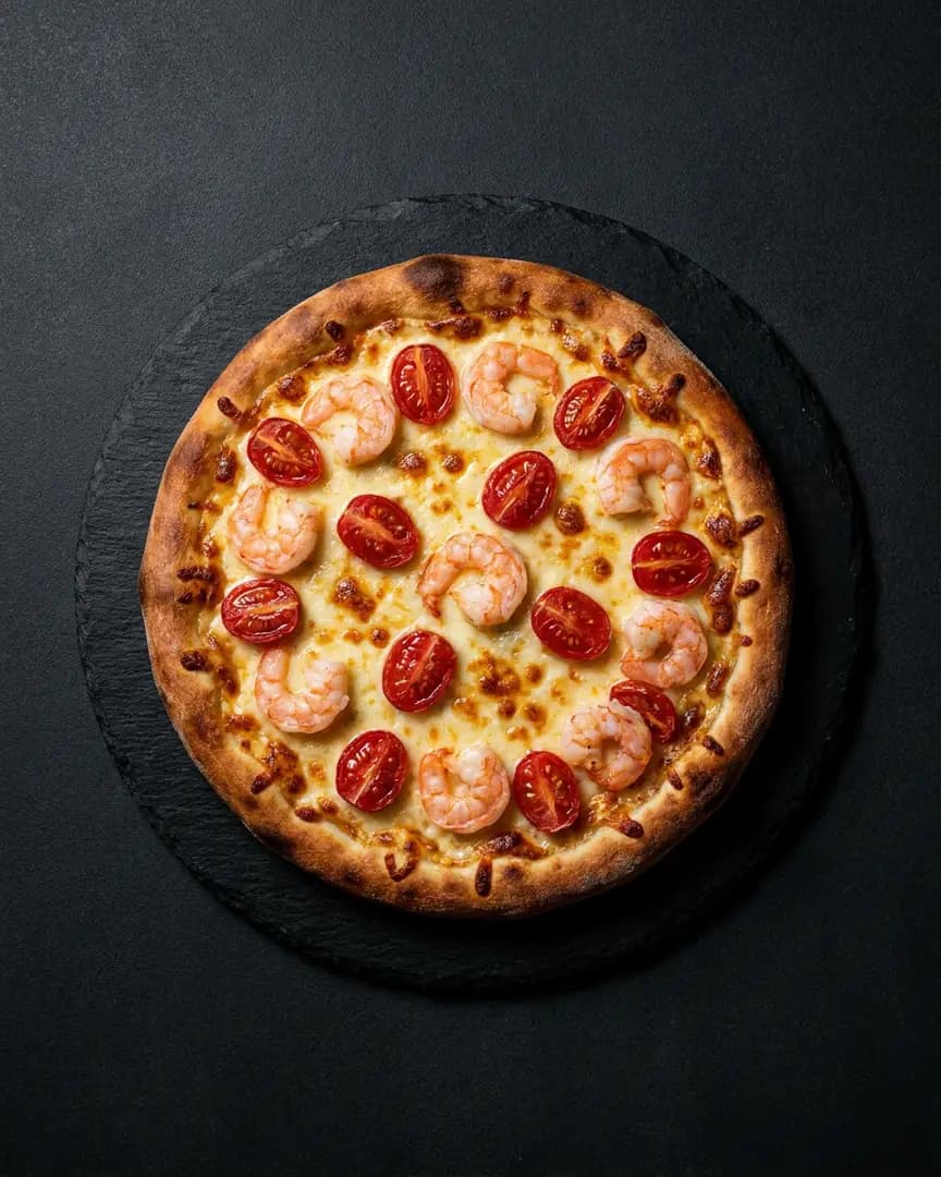 Khachapuri con gambas y tomates cherry